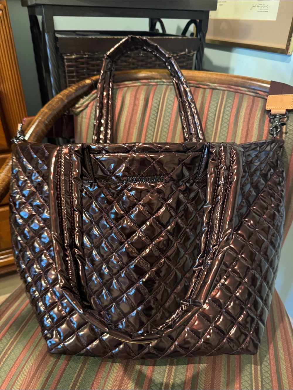 MZ Wallace Quilted Patent Tote in copper lacquer